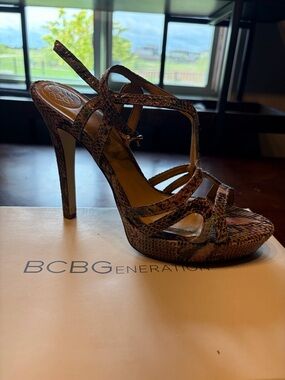 BCBG Brown Snakeskin Strappy High Heel Sandal
